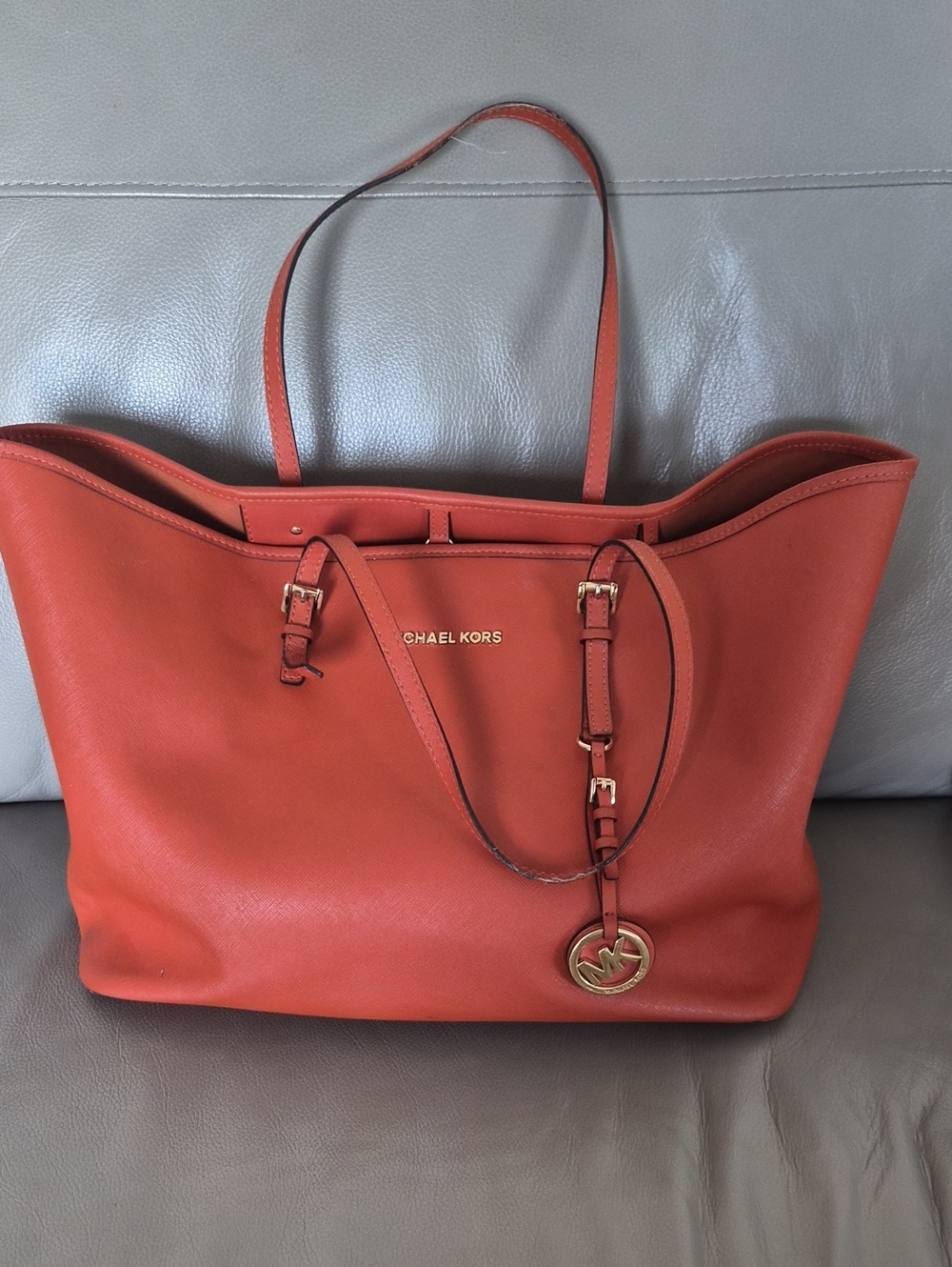 Michael Kors Coral-Orange Saffiano Tote with Gold Accent